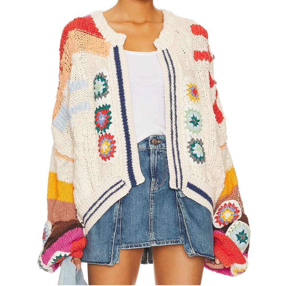 Free People Clear Skies Knit Patchwork Pattern Cardi in Cream Combo